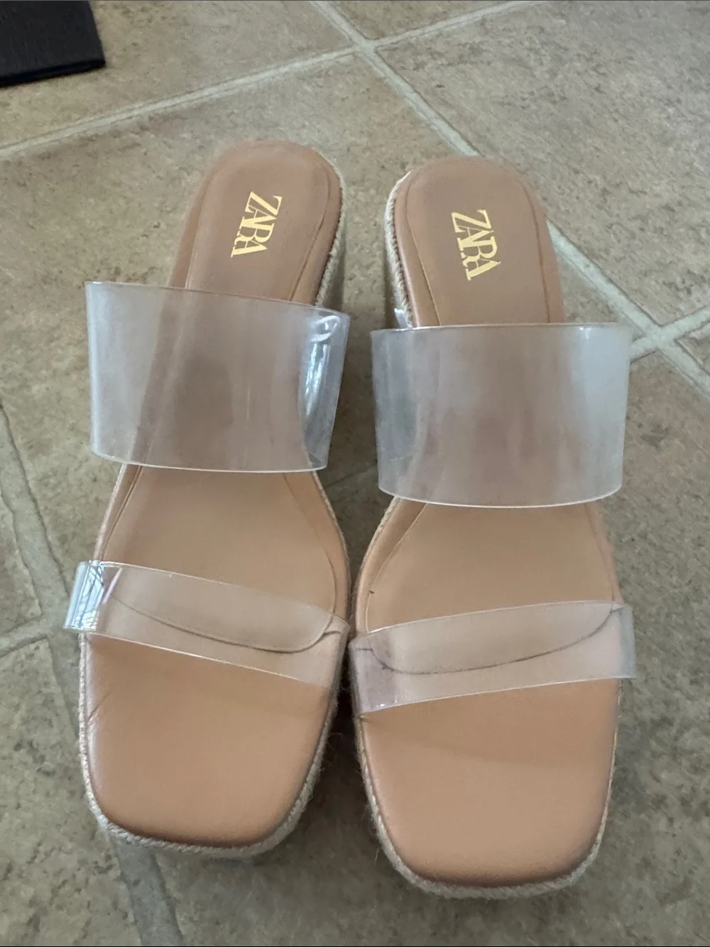 Zara Clear Strap Espadrille Platform Wedges Sandals in Tan/Clear